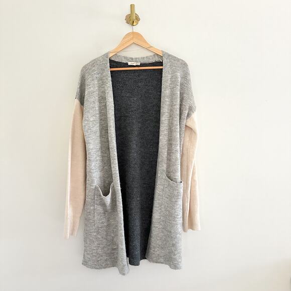 Mystree Open-Front Colorblock Cardigan Sweater Gray Cream S - Picture 1 of 9